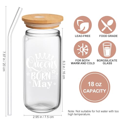 Birthday Gifts for Women, Funny Happy Birthday Glass Cup Tumbler for her, Girlfriend, Friends, Wife, Mom, Bestie, Daughter, Sister, 18oz Unique Can Glass with Straw & Lid, Queens are Born in May - Image 3