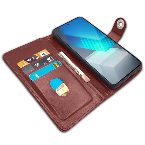 Image of Pikkme iQOO Neo 7 Pro 5G Flip Cover Leather Finish | Inside TPU with Card Pockets | Wallet Stand and Shock Proof | Complete Protection Button Flip Case (Brown)