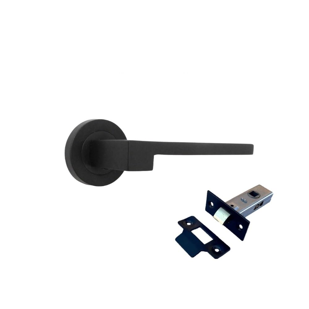 Modern Matt Black Lever on Rose Plate Door Handle + Tubular Latch