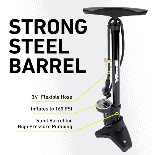 Image of Vibrelli Bike Floor Pump with Gauge - High Pressure 160 PSI - Presta Valve Bike Pump Automatically Switches to Schrader - Bicycle Pump Comes with Glueless Puncture Kit