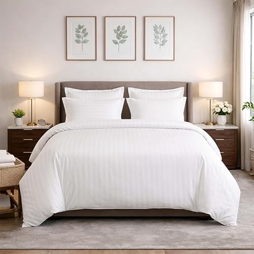 210 TC 100% Cotton Satin Stripes King Bed Sheet - Premium Hotel Bedsheet and 2 Pillow Covers Set for Hotels, Guest House & B&B (White, 108x108 inch)