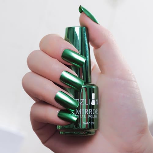 Image of Green Nail Polish - Chrome Nail Polish - Metallic Nail Varnish Quick Dry - Metal Reflective Effect Long Lasting No Need UV Super Shine Magic Mirror Easy to Apply Nail Varnish for Women DIY Home 18ml