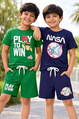 Image of NammaBaby Boy's Cotton Printed Premium Half Sleeves T-Shirt and Shorts Top and Bottom Set /Tshirt-Shorts with Pocket Combo of 2