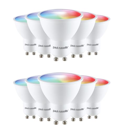 paul russells LED Smart GU10 Bulb, 4.5W, Works with Google Home & Amazon Alexa, App Dimmable, 50W Equivalent, RGBCW 2700K-6500K Colour Changing Spotlight Bulbs, 2.4GHz WiFi Bulb, Pack of 10, (09849) paul russells LED Smart GU10 Bulb, 4.5W, Works with Google Home & Amazon Alexa, App Dimmable, 50W Equivalent, RGBCW 2700K-6500K Colour Changing Spotlight Bulbs, 2.4GHz WiFi Bulb, Pack of 10, (09849)