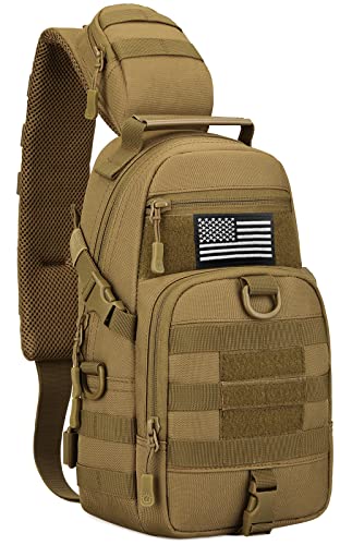 Minghuichic Tactical Sling Bag Pack Military Sport Bag Molle Shoulder Backpack Edc Crossbody Chest Daypack (1 Patch Included), Brown #TOP24