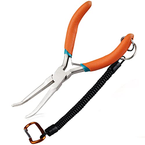 LEONTOOL Small Bent Needle Nose Pliers for Jewelry Making Angled Needle Nose Pliers with Serrated Jaw Needle Remover Pliers with Lanyard Curved Handle Working in Tight Spaces