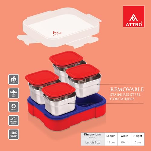 Image of ATTRO Admire-4 Insulated Lunch Box | 4 Removable Stainless Steel Containers with Lids | BPA-Free, Food Grade, Leak-Proof| Ideal for School, Office & Outdoor Use| 800ml, Cherry Red