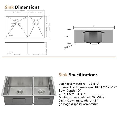 33 Undermout Kitchen Sink Double Bowl - Dcolora 33 Inch Stainless Steel Kitchen Sink Spacious 60/40 Split Double Basin 16 Gauge With Round Corner X Grooves Under Counter #TOP4
