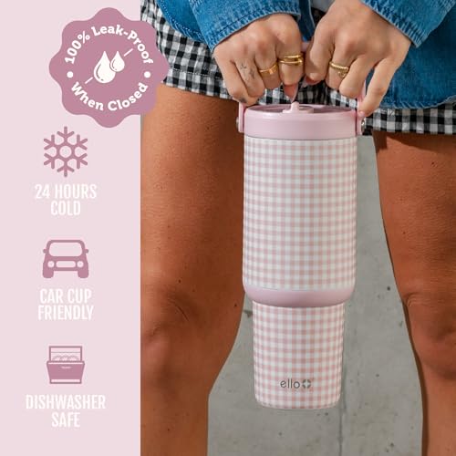 Image of Ello Oasis Go+ 26oz Tumbler with Top Handle and Retracting Straw | Reusable Insulated Stainless Steel Cup, 100% Leakproof Water Bottle, 24 Hours Cold, Cup Holder Friendly For Travel | Pink Gingham
