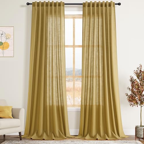 Image of Extra Long Gold Linen Curtains 120 Inch for Living Room 2 Panels Set Rod Pocket Back Tab Light Filtering Semi Sheer Linen Window Drapes Privacy High Ceiling Drapes for Farmhouse 52x120