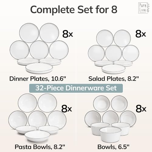 Image of 32 Piece Porcelain Dinnerware Set for 8, Handmade Plates and Bowls Set | Scandinavian Ceramic Dinner Set, Dishwasher & Microwave Safe Dish Set, Chip & Scratch Resistant Dishware Set, Scandi White