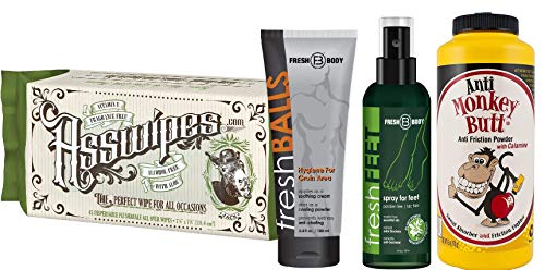 FRESH FEET, FRESH BALLS, Anti Monkey Butt and ASSWIPES! Fresh Feet Odor Fighting Spray, Fresh Balls Antiperspirant, Monkey Butt Anti Chaffing Powder and Asswipes Personal Cleansing Wipes