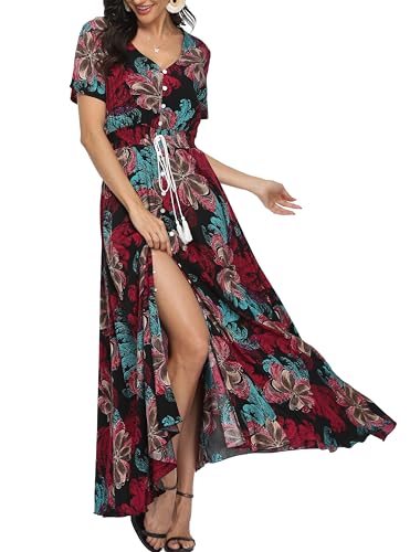 Image of VintageClothing Women's Floral Maxi Dresses Boho Button Up Split Summer Casual Long Dress Beach Party Dress