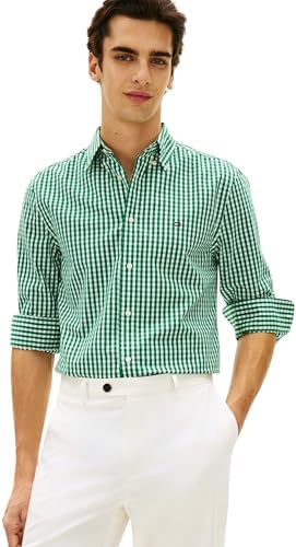 Tommy Hilfiger Herren Hemd Flex Poplin Gingham Shirt mit Karos, Grün (Nouveau Green/Check), L