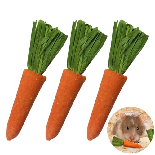 WUSJCOF 3 Stück Timothy Heu Sticks Kaninchen Spielzeug Karotten Rosengraskuchen Zahnpflege Molar Kauspielzeug für Kaninchen, Meerschweinchen, Hamster, Chinchilla