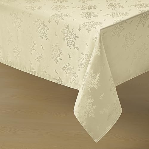 Romanstile Jacquard Rectangle Tablecloth, Waterproof Elegant Damask Rose Floral Pattern Table Cloth, Washable Decorative Polyester Table Cover for Kitchen/Dining/Parties - Beige, 60 x 104 Inch