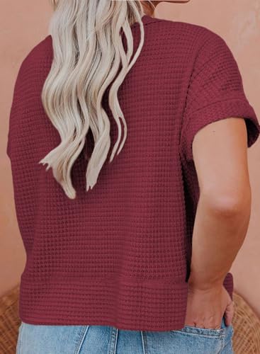 Image of Eytino Womens Plus Size Tops Casual V Neck Short Sleeve Waffle Knit Button Down Shirts(1X-5X)