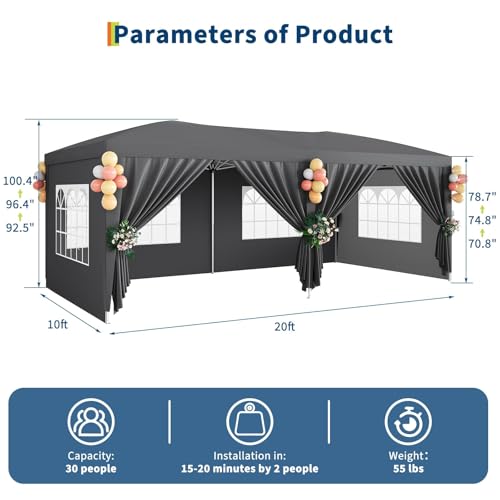10X20FT Pop Up Canopy Tent with 6 Removable Sidewalls, Heavy Duty Wedding Party Tent, Waterproof Outdoor Canopy Gazebo with Carry Bag for Parties, Weddings, Market, Event, Grey by MegaChoice - Image 2