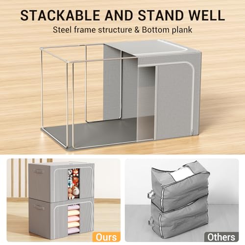 Image of Clothes Storage Bins with Metal Frame Foldable Storage Box Clothes Organizers Storage Containers for Clothes Sheets Blankets Books Toys Gifts and Holiday Decorations (66Lx3 Pack)