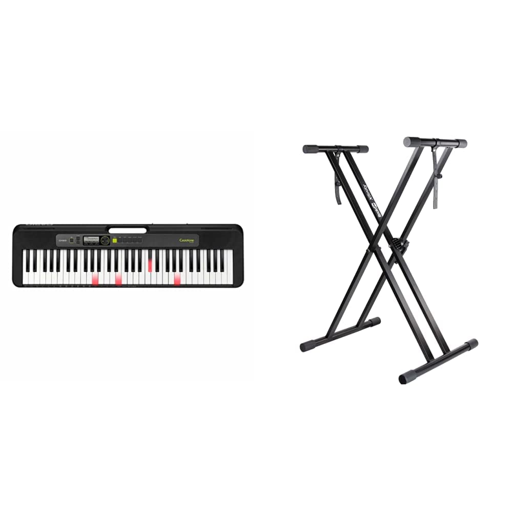 Casio LK-S250 CASIOTONE Leuchttastenkeyboard mit 61 anschlagdynamischen Tasten im Piano-Look, schwarz & RockJam Xfinity Doublebraced Pre Assembled Keyboard Stand with Locking Straps
