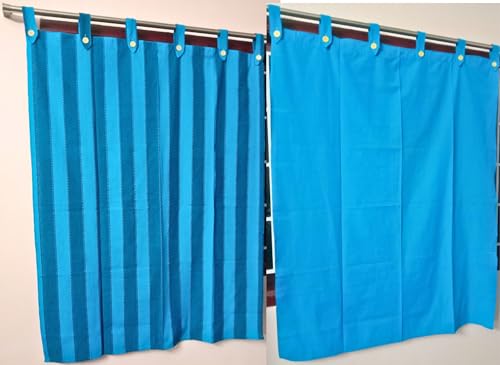 Image of 5 Feet Cotton Striped & Solid Light Filtering Button Type Tab Top Loop Window Semi Sheer Curtain, Blue Multi, Pack Of 3