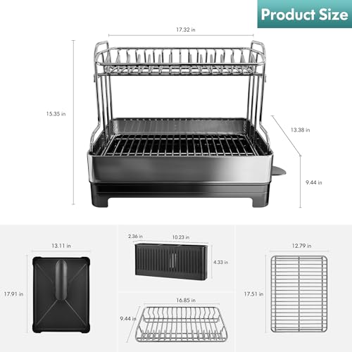 romision 2 Tier Dish Drying Rack, Large Dish Rack with 360° Swivel Spout, 304 Stainless Steel Dish Drainer Rack, Draining Board Rack for Kitchen Counter with Utensil Holder, Silver - Image 3