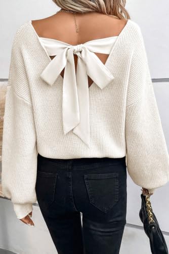 Image of Womens Off Shoulder Bow Back Sweater Sexy Loose Fit Deep V Neck Knit Tops | Backless, Lantern Long Sleeves, Ribbed Knit, Lightweight, Fall Winter Outfit, Party, Halloween, Christmas, New Year's Eve