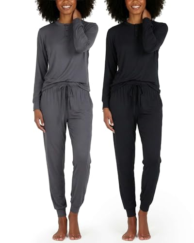 Image of Real Essentials 2 Pack: Women's Soft Long Sleeve Sleep Set - Comfortable Lounge Pull Over Hoodie and Henley Jogger