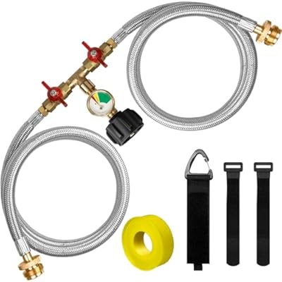 5FT Propane Hose Splitter,Stainless Braided Propane 2 Way Y Splitter Adapter Hose with Gauge,1 lb to 20 lb Converter with Shut Off Valve, Propane Hose Adapter 1lb Appliance to QCC1 5-40lb Tank,350PSI