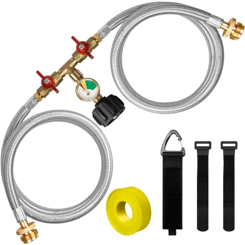 5FT Propane Hose Splitter Stainless Braided Propane 2 Way Y Splitter Adapter Hose with Gauge 1 lb to 20 lb Converter with Shut Off Valve Propane Hose Adapter 1lb Appliance to QCC1 5-40lb Tank 350PSI