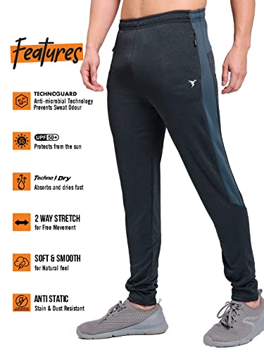 Image of TECHNOSPORT Men's Melange Slim Fit Techno Dry Trackpants Drawstring 2-Pocket Polyester Joggers for Gym Running Workout UPF50+ Anti Odour
