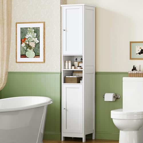 Image of TEENFON 67 inch Tall Bathroom Cabinet with Adjustable Shelves and Doors, Narrow Bathroom Storage Cabinet for Small Space, Living Room, Entryway, Kitchen, White