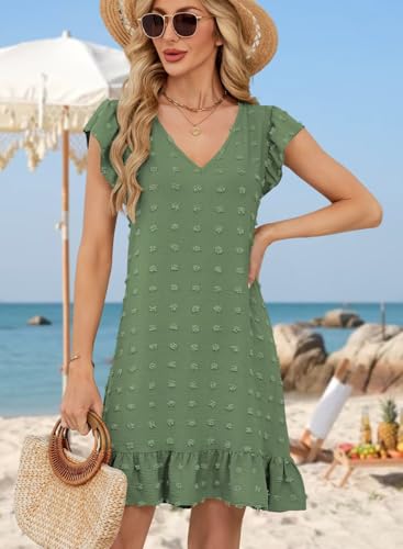Image of QACOHU Spring Summer Dresses for Women 2026 V Neck Cap Sleeve Ruffle Hem Smock Short Casual Beach Dress