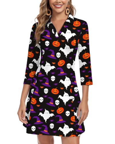 Image of WOWENY 3 /4 Sleeve Dress for Women with Pockets V Neck UPF 50+ Casual Sun Dress Breathable Quick Dry Beach Vacation