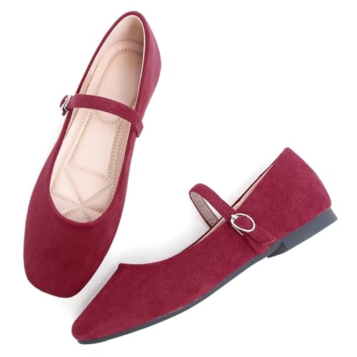 Stunner Women's Mary Jane Ballet Flats Fashion Square Toe Ankle Strap Flats Comfortable Casual Slip On Dress Shoes Wine red 38(7) 23