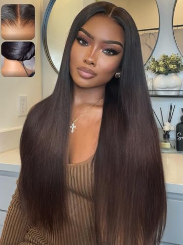 Image of KLAIYI Ombre Brown Yaki Straight Pre Everything Glueless Precut 13x4 Lace Front Wigs Human Hair Drawstring Pre Plucked Bleached Ready to Wear and Go Wig with Dark Roots Chestnut Balayage Brown 18Inch