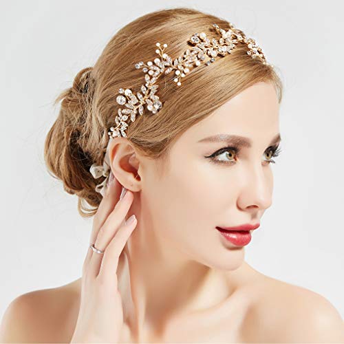 Babeyond Bridal Headpiece Handmade Wedding Hair Vine Crystal Floral Leaf Headband With Satin Ribbon (Gold) #TOP4