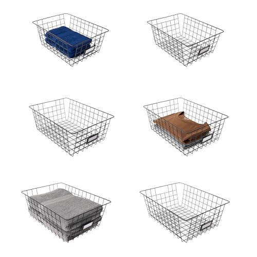 Amazon Basics Wire Storage Baskets for Organizing, Powder-Coated, Rust Resistant with Identification Cards, Black, Pack of 6