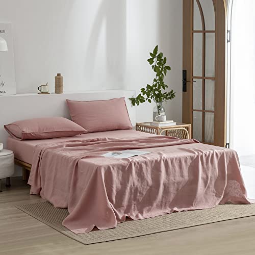 EVERLY Linen California King Sheets Set, 100% Stonewashed French Linen Bed Sheets Deep Pocket Sheets, 4 Pieces (1 Flat Sheet, 1 Fitted Sheet, 2 Pillowcases) Natural Flax Bedding Set-Pink