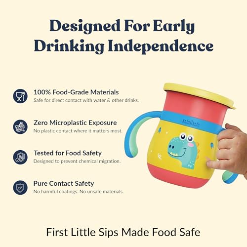 Image of rabitat Sip Around Personalized Stainless Steel Sipper 390ml | 2 Years Brand Warranty | Leak Proof | BPA Free | Sippy Cup for Kids with Soft Silicone Rim | Ergonomic Design, Dino Dash