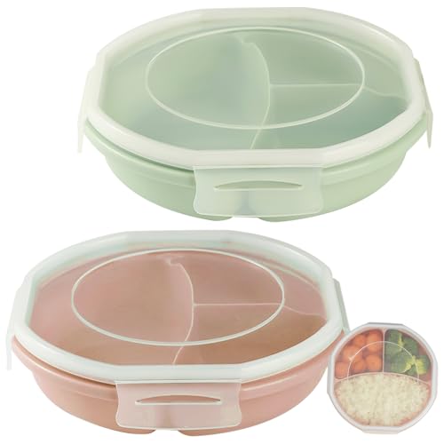 GOMETY Lot de 2 assiettes à micro-ondes Bento - Design à boucle hermétique - Boîte de rangement séparée avec 3 compartiments sans BPA - Vaisselle pour...
