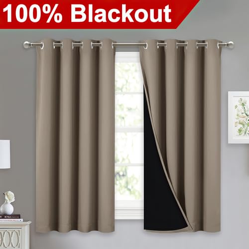 Image of NICETOWN 100% Blackout Curtains with Black Liners, Thermal Insulated Full Blackout 2-Layer Lined Drapes, Noise Cancellation Window Draperies for Dining Room (Taupe, 2 Panels, 52-inch W by 54-inch L)