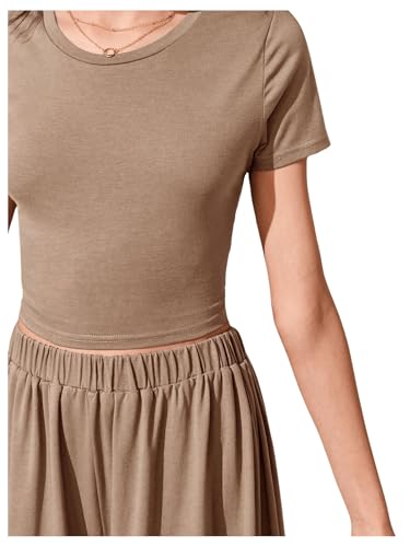 Image of OYOANGLE Girl's 2 Piece Outfits Short Sleeve Crew Neck Crop Top and Elastic Waist Wide Leg Pants Set