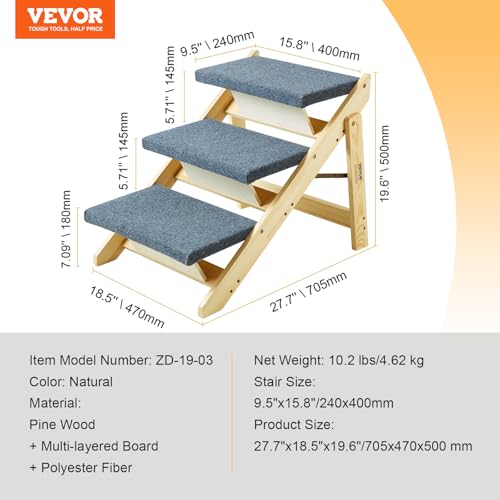 VEVOR Holz-Haustiertreppe/Haustierstufen, 2-in-1 faltbare Hundetreppe aus Holz für Betten, Sofas und Autos, Hundetreppe und Rampe mit 3 Stufen für kleine, mittelgroße und große Haustiere, bis zu 68 kg