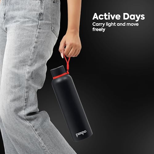 Image of PEXPO Bravo 980ml - Knight Black and Cameo 160ml - Silver Stainless Steel Water Bottle ISI Certified | for Home, Office, Gym, Travelling