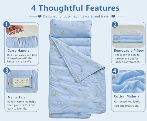 Image of Cotton Toddler Nap Mat with Pillow and Blanket,Extra Large Rolled Napping Mats,Slumber Bags for Boys Girls,Kids Sleeping Mat for Daycare,Preschool Kindergarten-Blue Fish