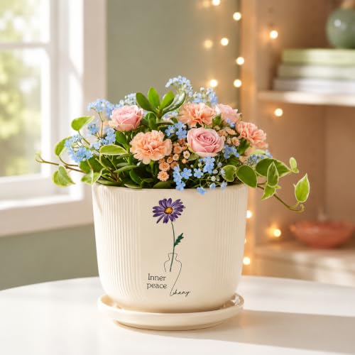 Image of Xtore Serene Floral Ceramic Planter with Saucer for Home & Office Decor | Ribbed Flower Pot with Botanical Artwork for Living Room, Bedroom, Balcony, Desk, Shelf & Window Styling (Off-White)