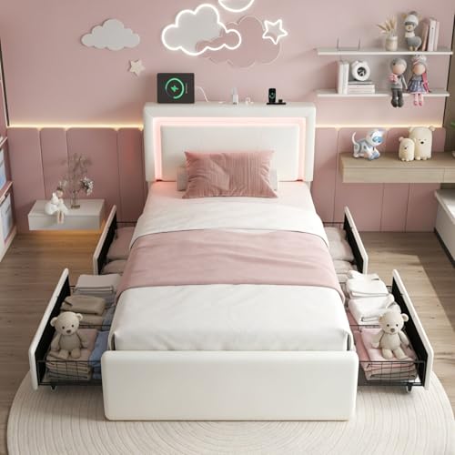 Image of Twin Size Bed Frame with 4 Storage Drawers, Upholstered Headboard, White