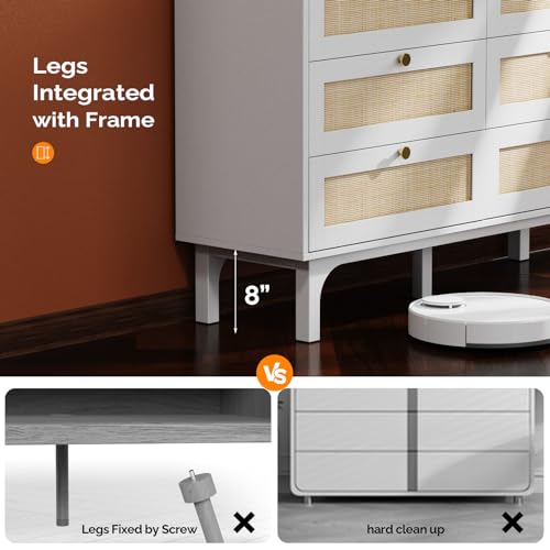 VINGLI 6 Drawer Dresser, White Rattan Dresser for Bedroom, Boho Dresseres, 47.2" W TV Stand, Chest of Drawers, Wood Dresseres with Real Rattan