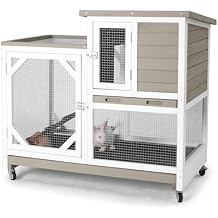 GUTINNEEN Rabbit Hutch Indoor 2 Story with 3 Doors, Outdoor Bunny Cage with Movable Wheels and Easy Clean Trays for Guinea Pig Cage 40.6" L White and Matcha